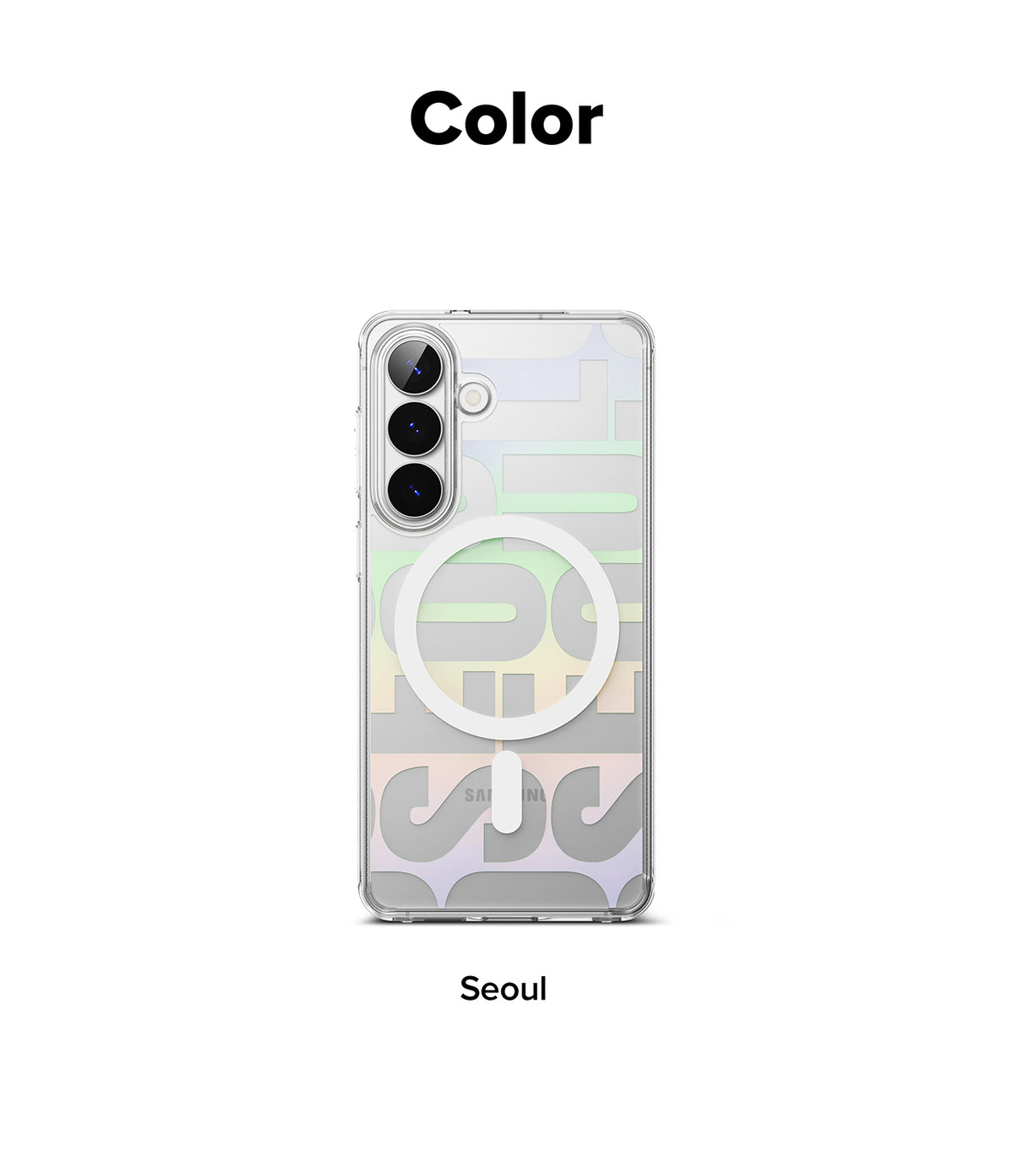 Galaxy S26 Case | Fusion Design Magnetic - Clear phone case with a white magnetic ring and Seoul graphic background.