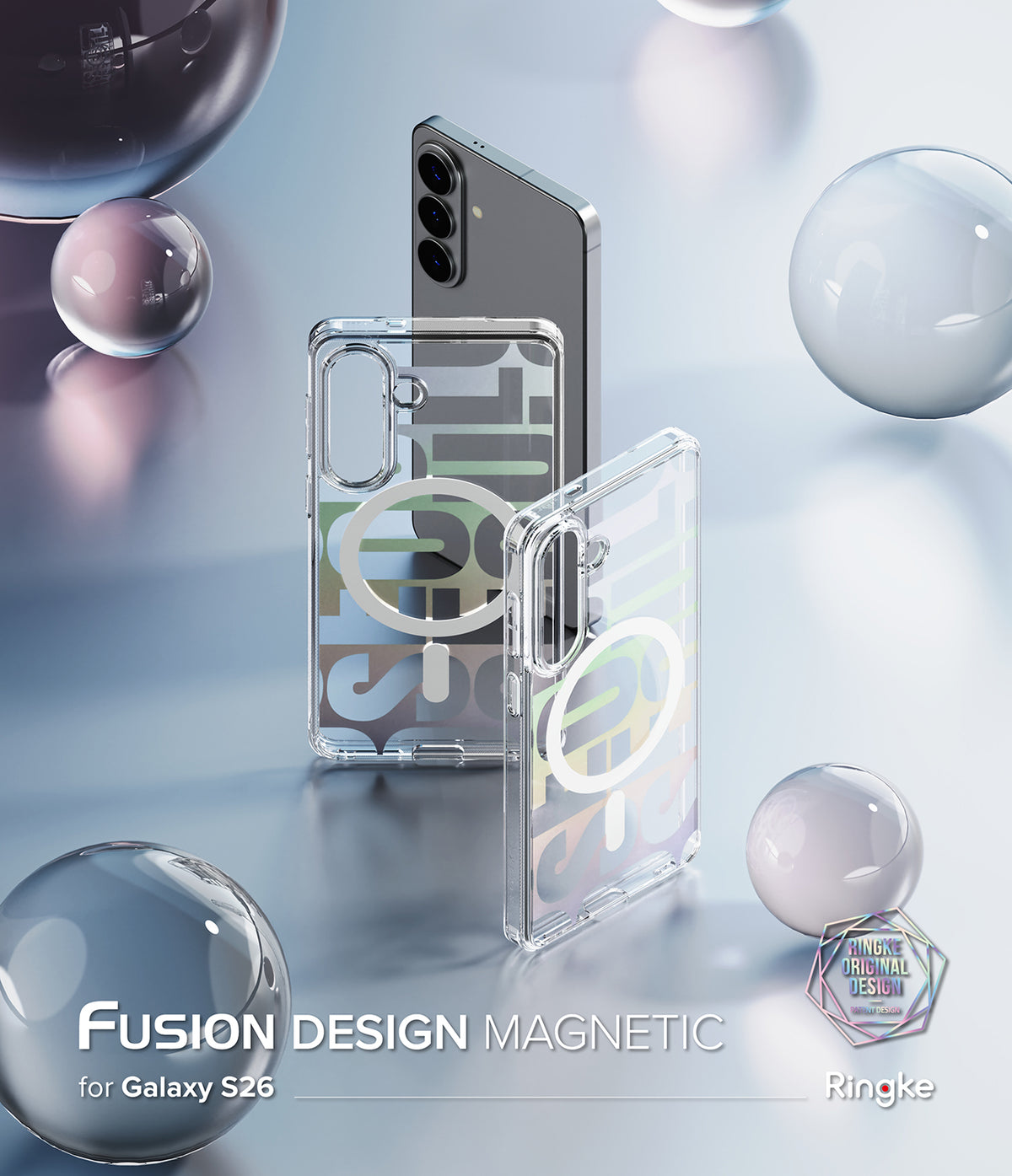 Galaxy S26 Case | Fusion Design Magnetic - Two clear magnetic phone cases displayed with a smartphone amidst glass orbs.