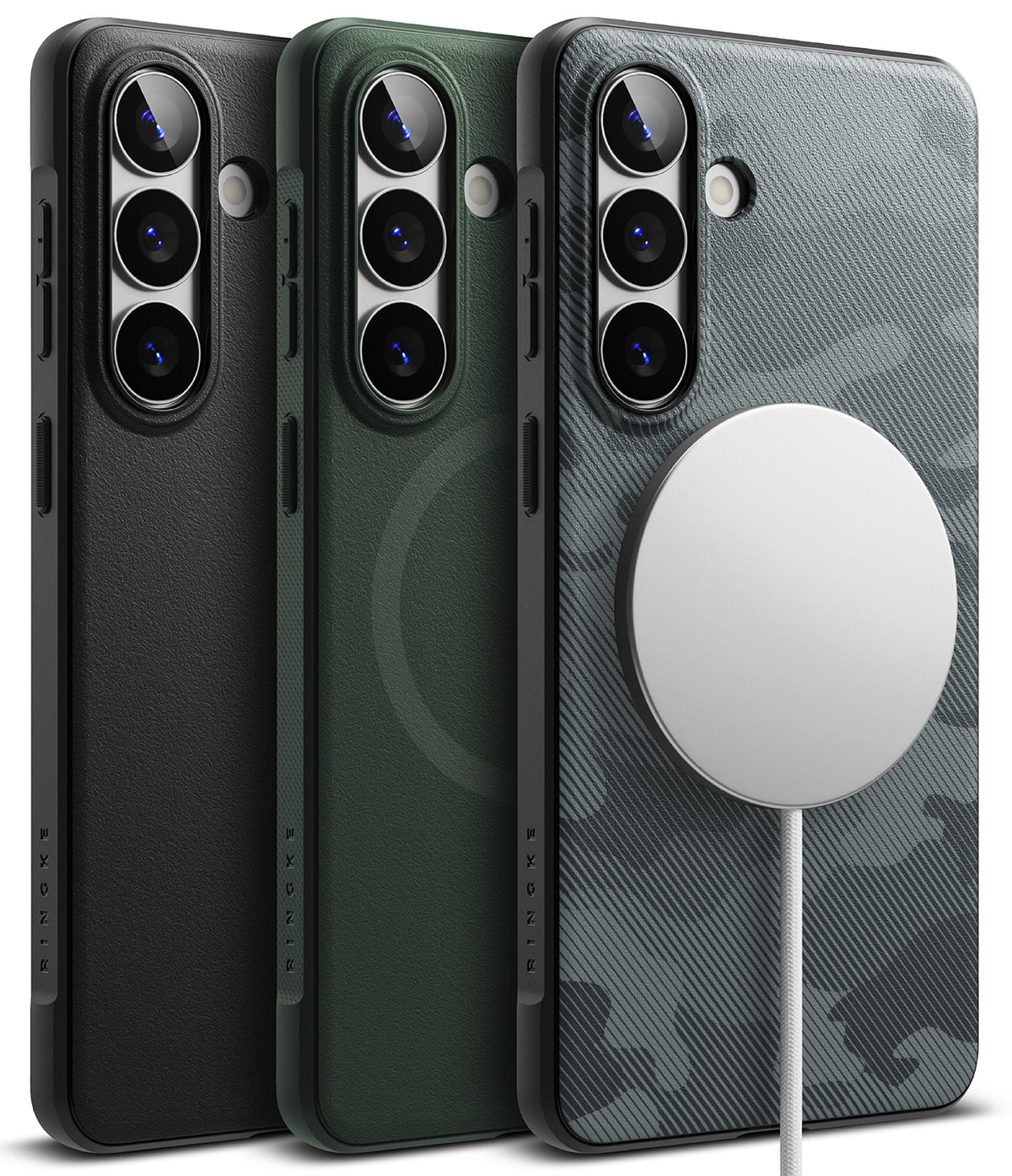 Galaxy S26 Case | Onyx Magnetic - Three Galaxy S26 cases in black, green, and camo, with a magnetic charger attached to the camo case.