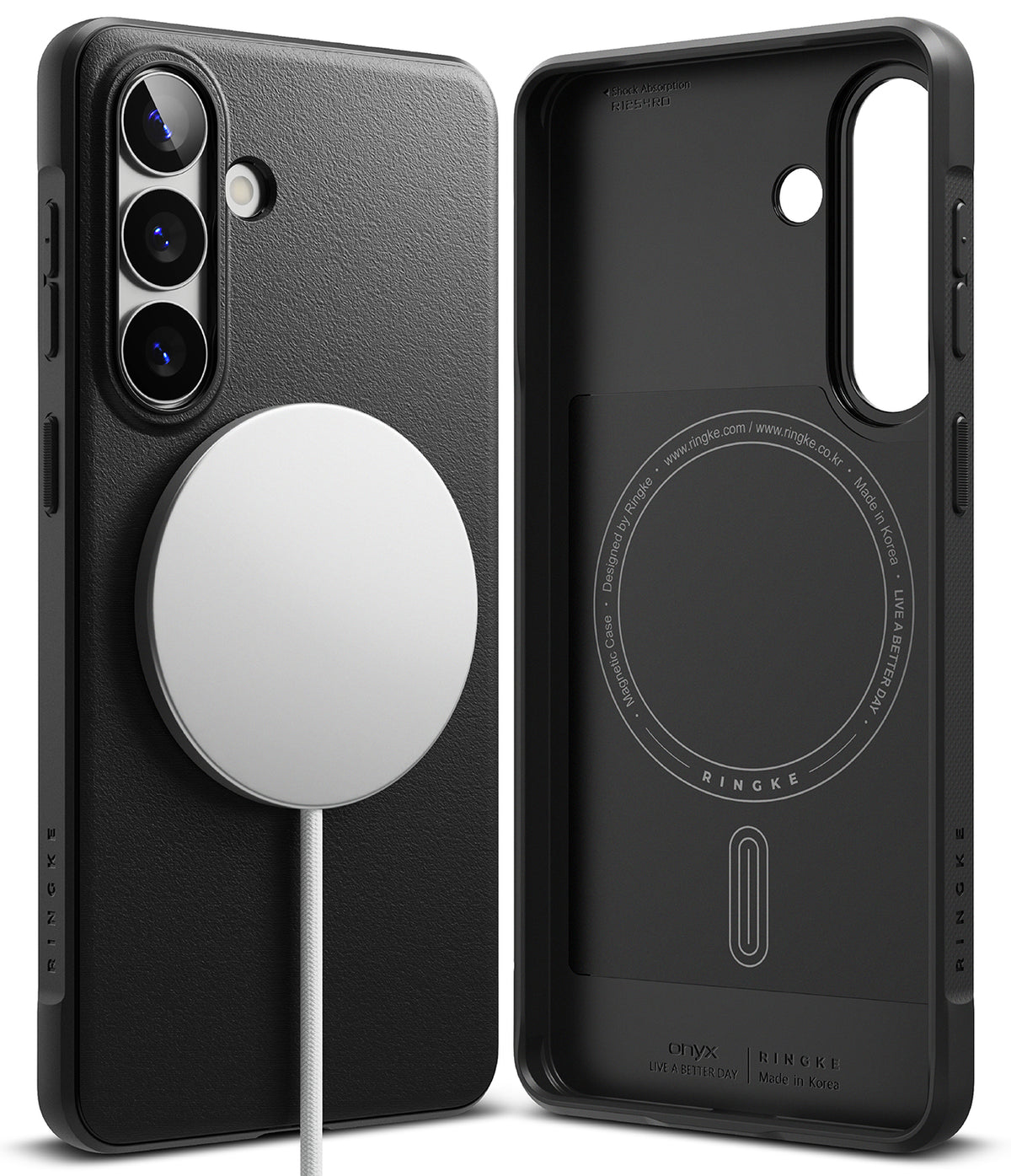 Galaxy S26 Case | Onyx Magnetic - Black textured phone case with magnetic charger attached and interior view.