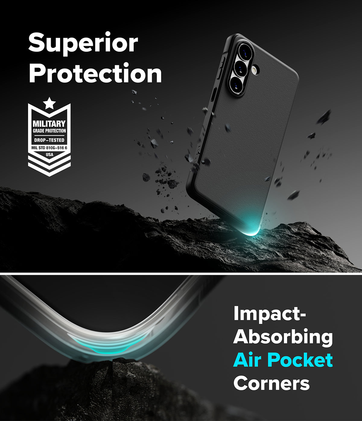 Galaxy S26 Case | Onyx Magnetic - Black phone case with military-grade protection and air-pocket corners on rocky terrain.