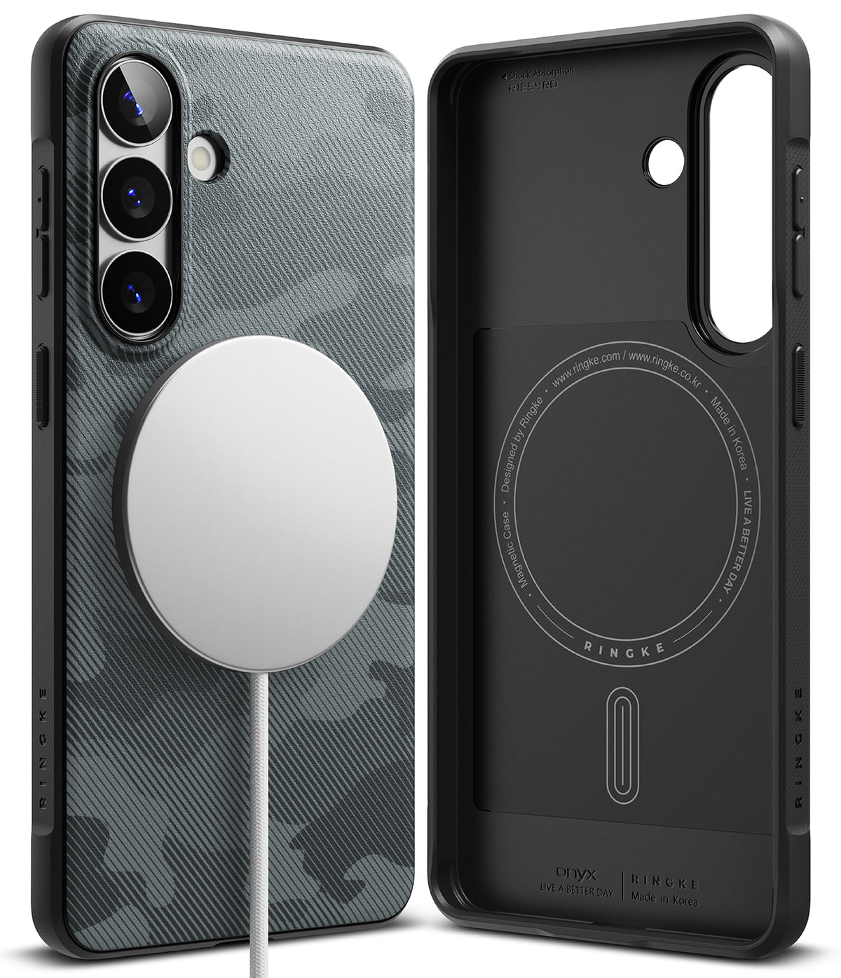 Galaxy S26 Case | Onyx Magnetic - Black camo phone case with magnetic charger attached and interior view showing branding.