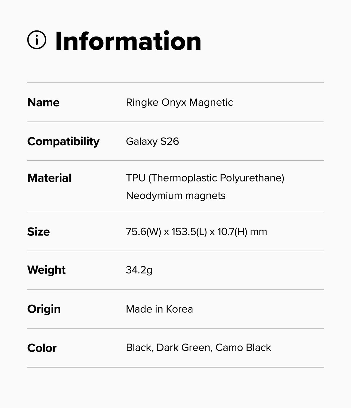 Galaxy S26 Case | Onyx Magnetic - Information table listing product name, compatibility, material, size, weight, and color.
