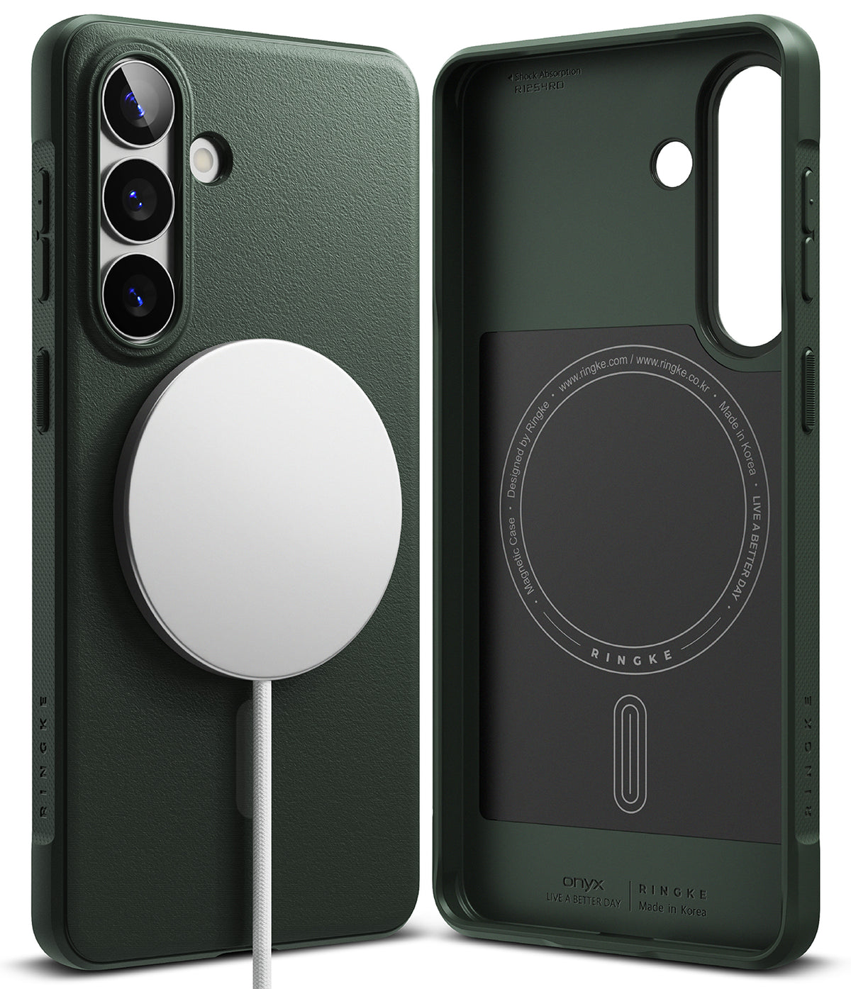 Galaxy S26 Case | Onyx Magnetic - Dark green phone case with magnetic charger attached and interior view showing branding.