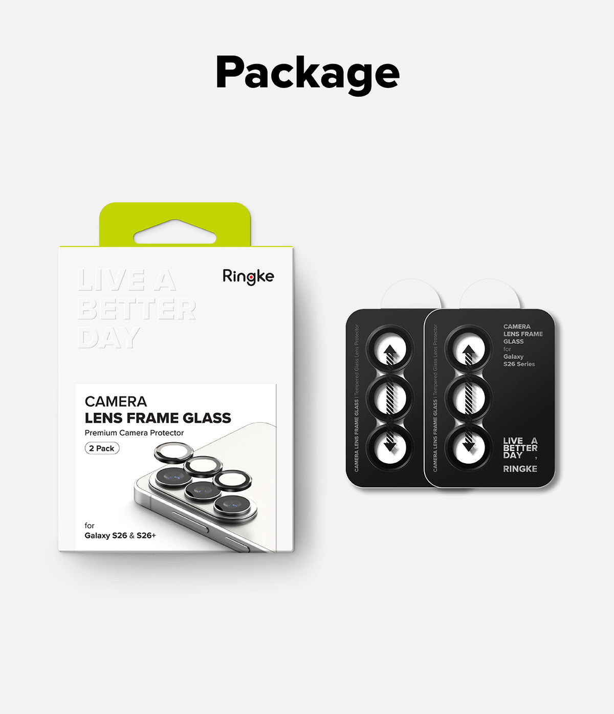 Galaxy S26 Plus / S26 | Camera Lens Frame Glass - Ringke camera lens protector packaging and two black lens covers.