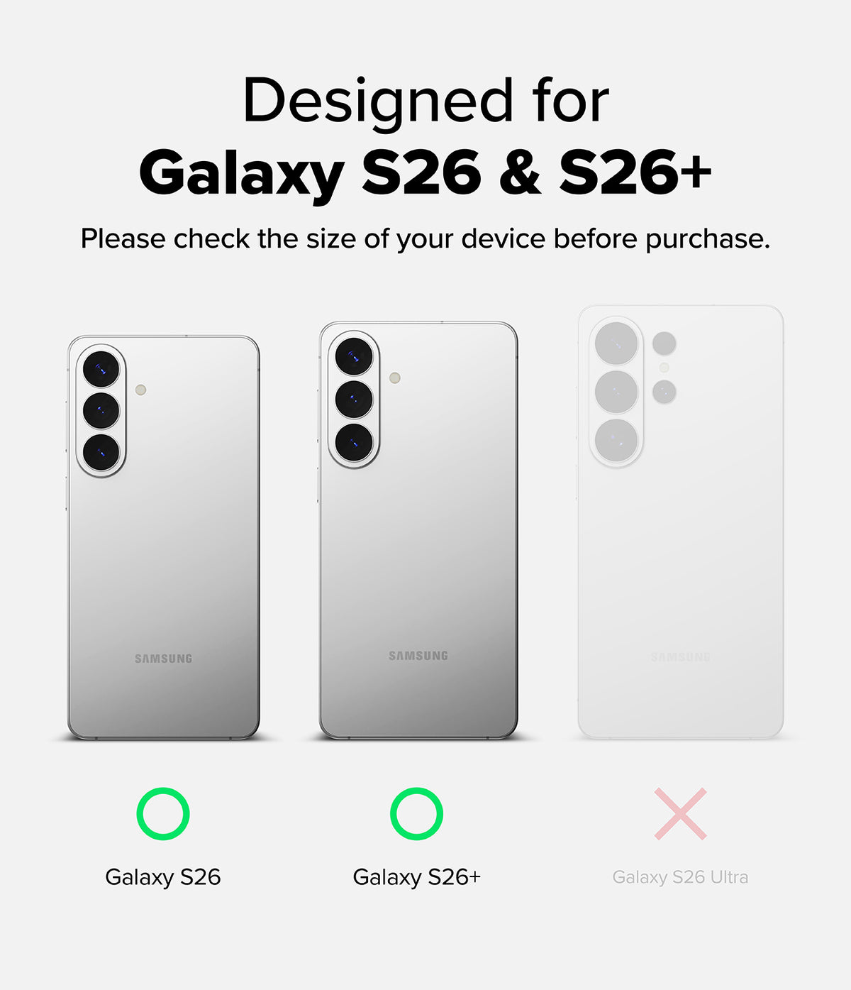 Galaxy S26 Plus / S26 | Camera Lens Frame Glass - Compatibility chart showing Galaxy S26 and S26+ are supported.