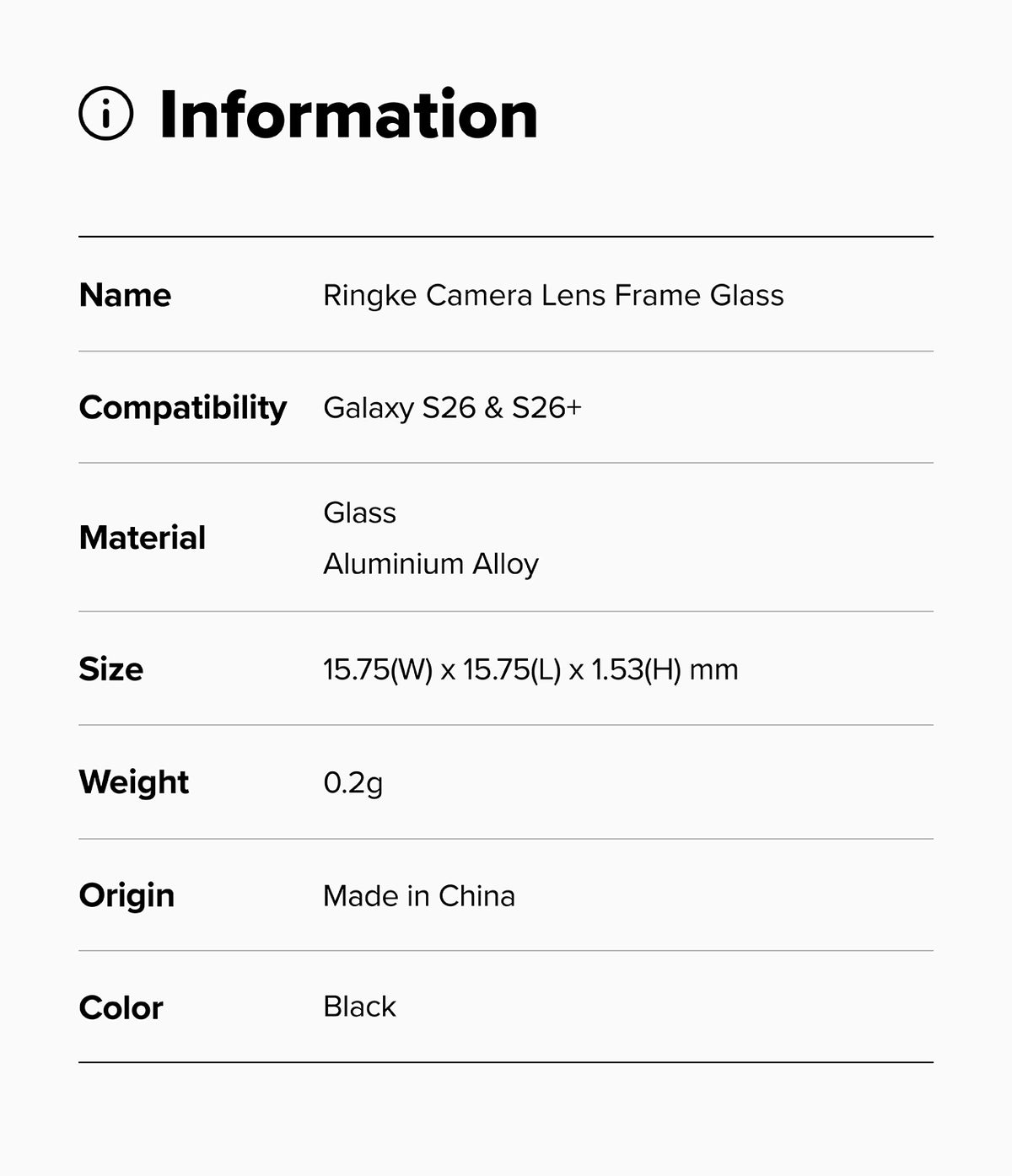 Galaxy S26 Plus / S26 | Camera Lens Frame Glass - Information table listing product specs for Ringke camera lens glass.