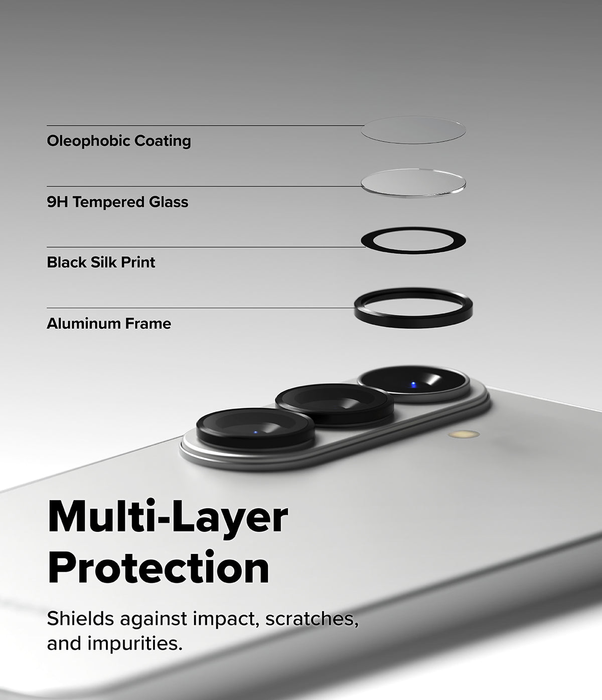 Galaxy S26 Plus / S26 | Camera Lens Frame Glass - Exploded view showing four protective layers over phone lenses.