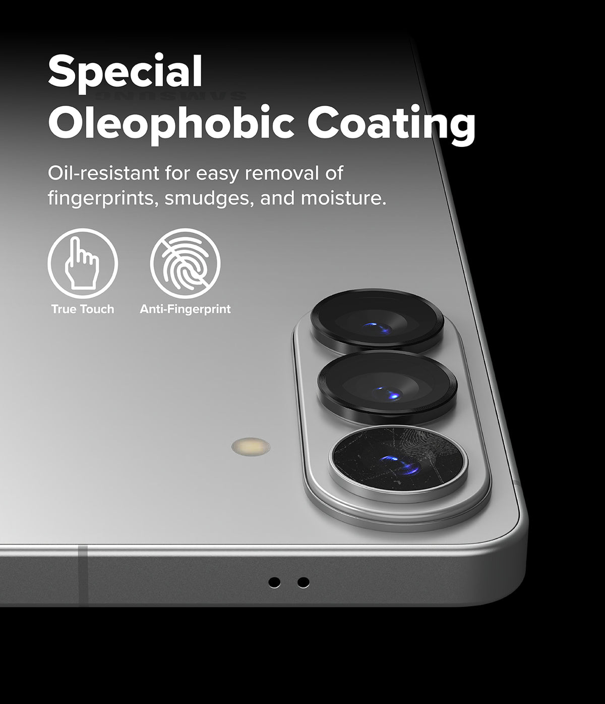 Galaxy S26 Plus / S26 | Camera Lens Frame Glass - Close-up of phone camera lenses with oleophobic coating text overlay.