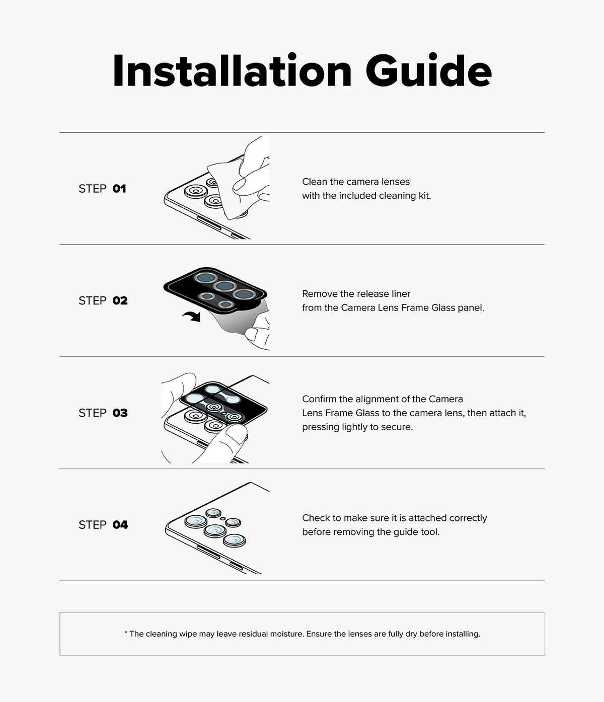 Galaxy S26 Plus / S26 | Camera Lens Frame Glass - Four-step illustrated guide on cleaning and applying lens protectors.