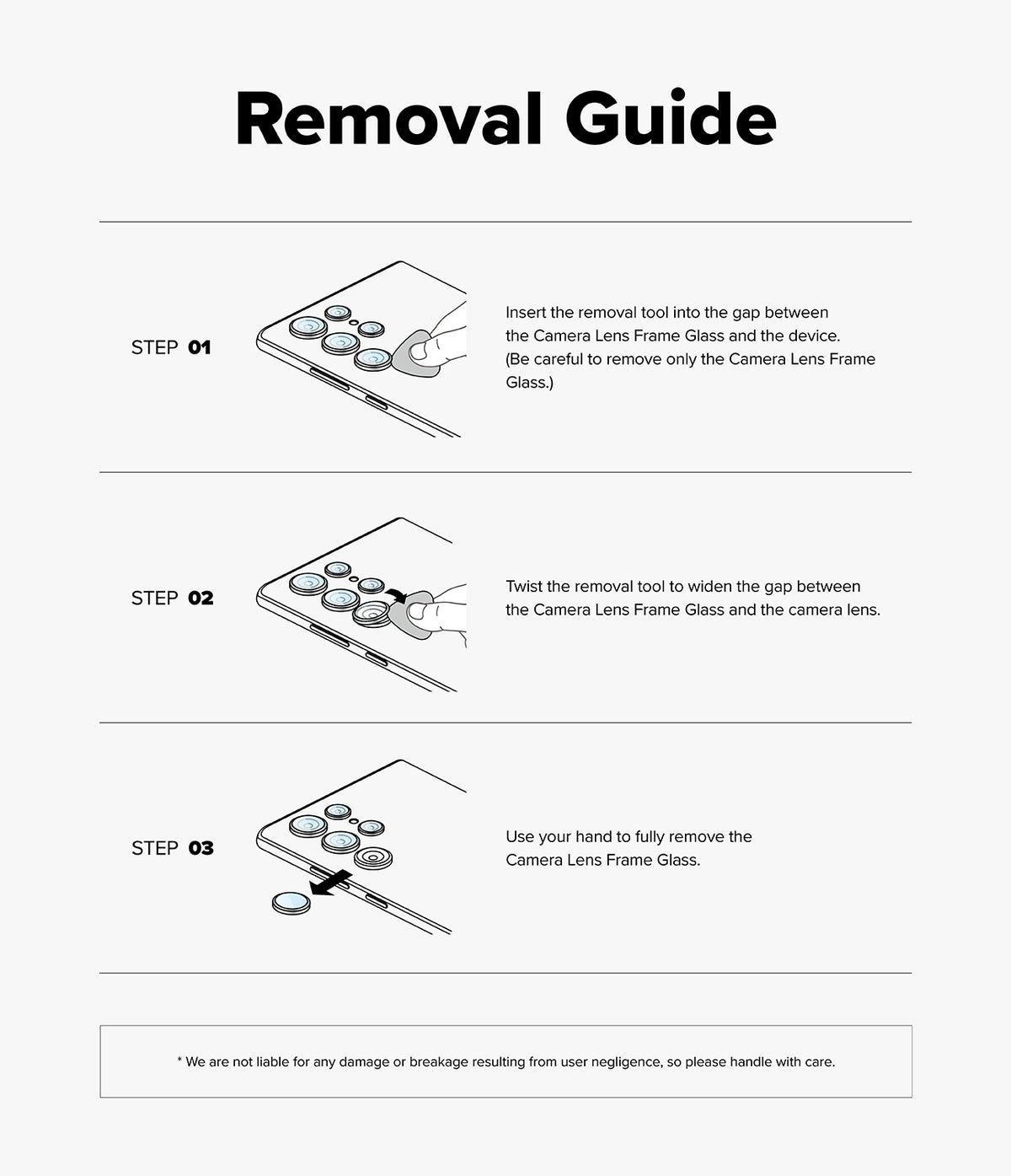 Galaxy S26 Plus / S26 | Camera Lens Frame Glass - Galaxy S26 Plus / S26 - Three-step illustrated guide showing how to use a tool to remove camera lens frame glass.