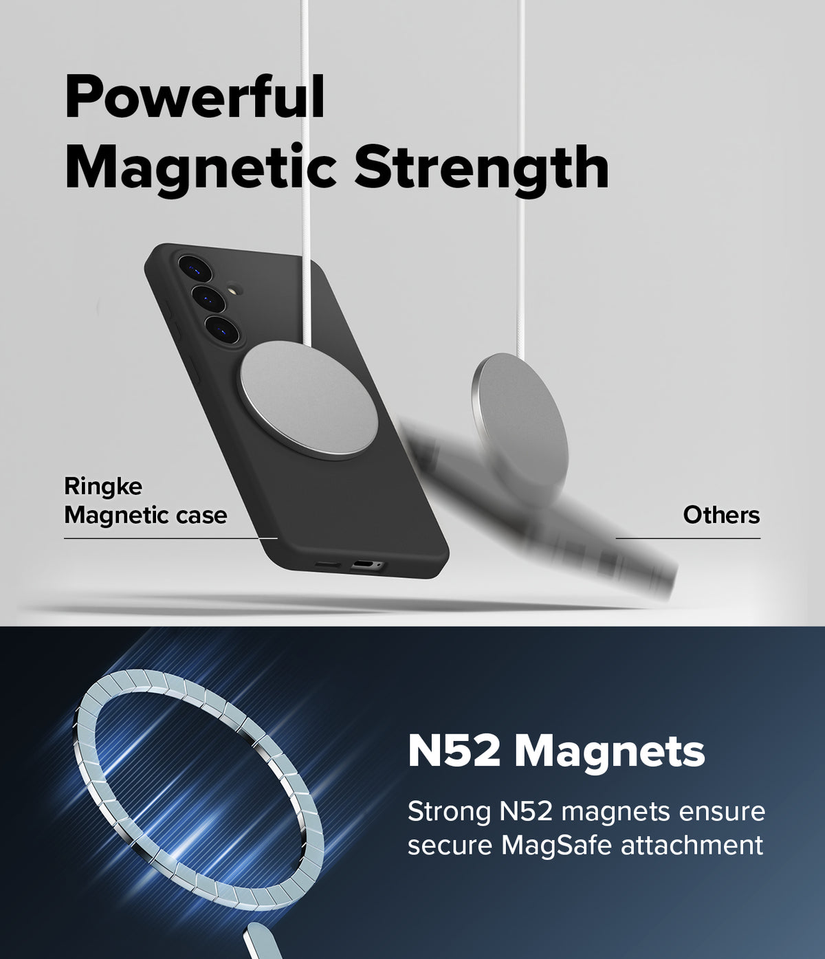 Galaxy S26 Case | Silicone Magnetic - A black phone case securely held by a magnet, contrasting with a falling phone.