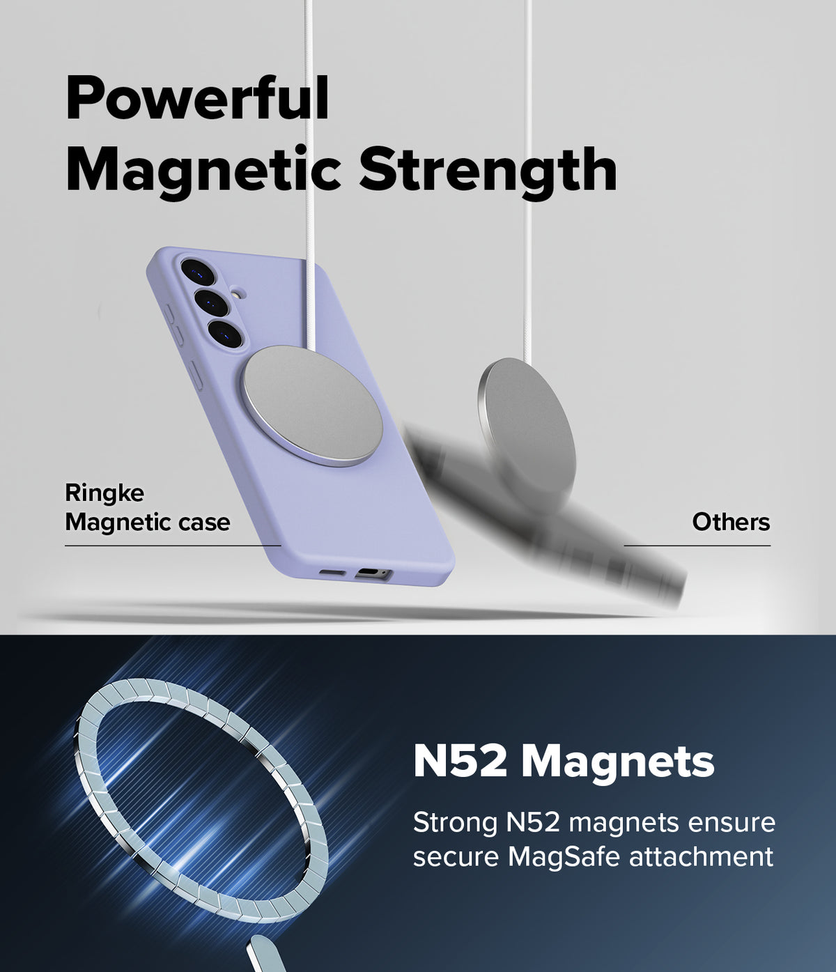 Galaxy S26 Case | Silicone Magnetic - A lavender phone case holding a magnetic disc securely while another falls away.