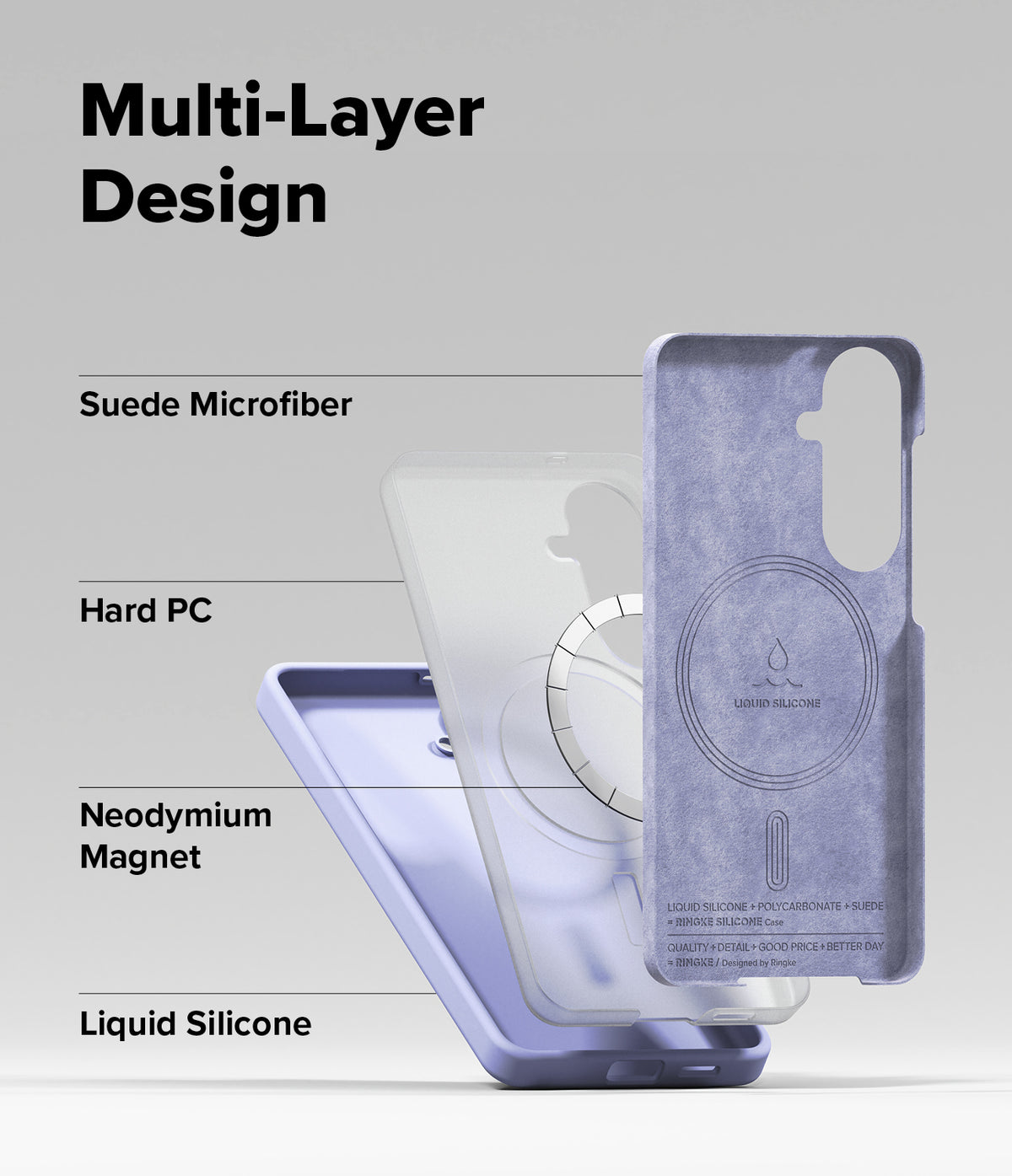 Galaxy S26 Case | Silicone Magnetic - Exploded view showing suede, hard PC, magnetic ring, and liquid silicone layers.