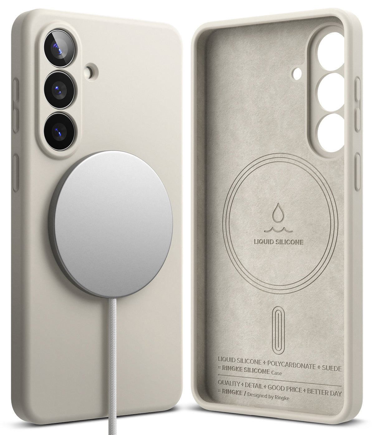 Galaxy S26 Case | Silicone Magnetic - Beige silicone phone case with magnetic charger attached and interior view.