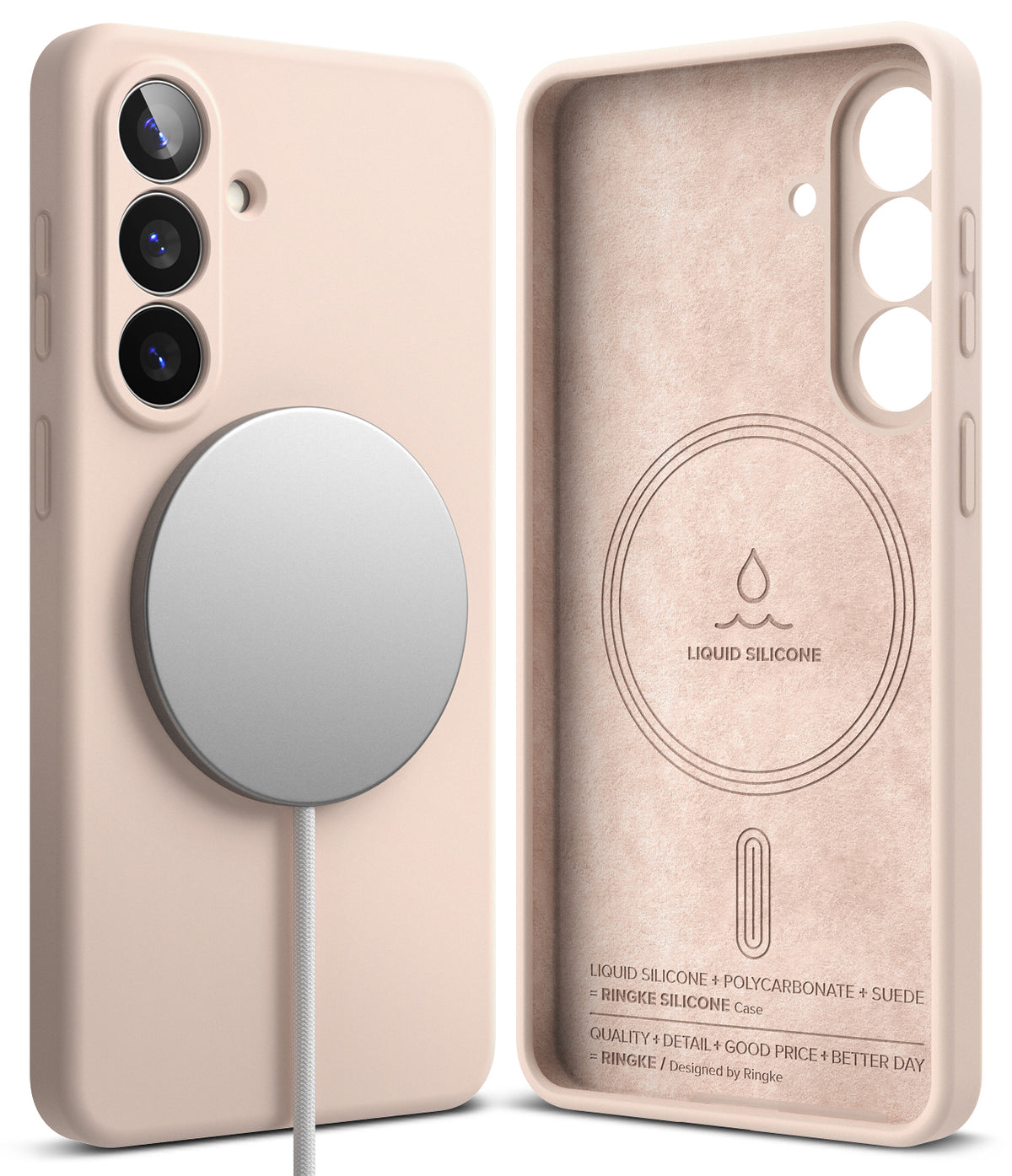 Galaxy S26 Case | Silicone Magnetic - Beige silicone phone case with magnetic charger and suede-lined interior.