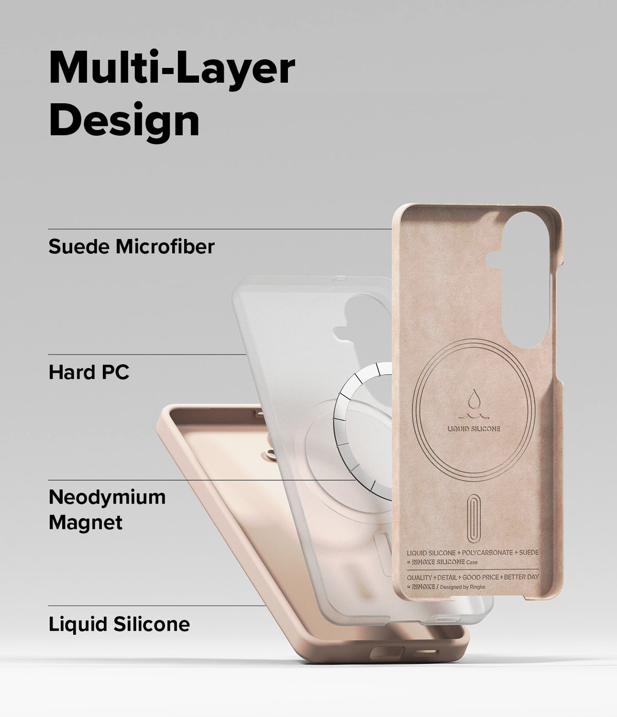 Galaxy S26 Case | Silicone Magnetic - Exploded view showing suede, hard PC, magnetic ring, and liquid silicone layers.