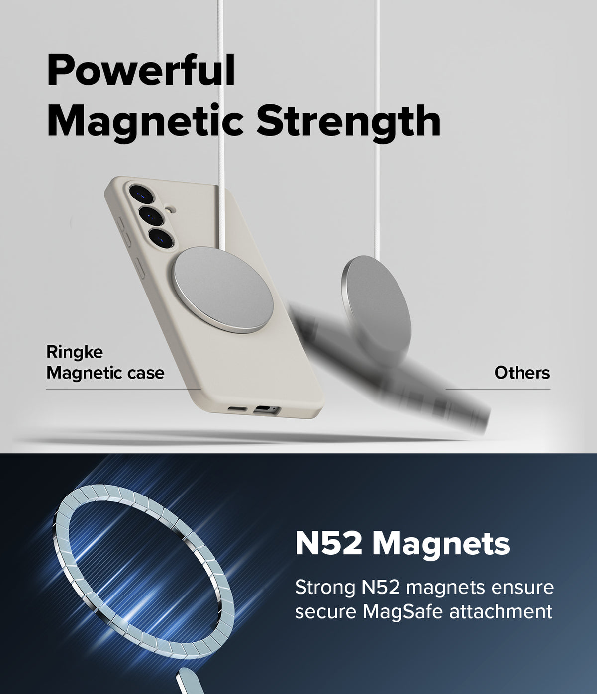 Galaxy S26 Case | Silicone Magnetic - A beige phone case holding a magnetic disc while another falls, highlighting N52 magnet strength.
