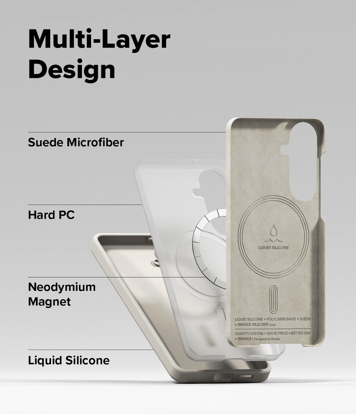 Galaxy S26 Case | Silicone Magnetic - Exploded view showing suede, hard PC, magnetic ring, and silicone layers.