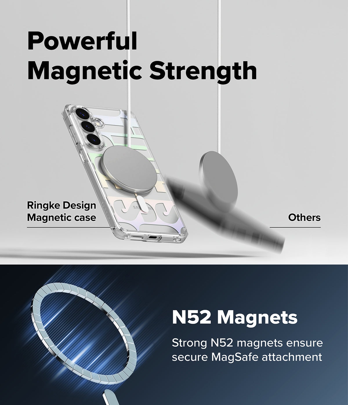 Galaxy S26 Plus Case | Fusion Design Magnetic - A clear phone case holding a magnetic disc, contrasting with a falling one.