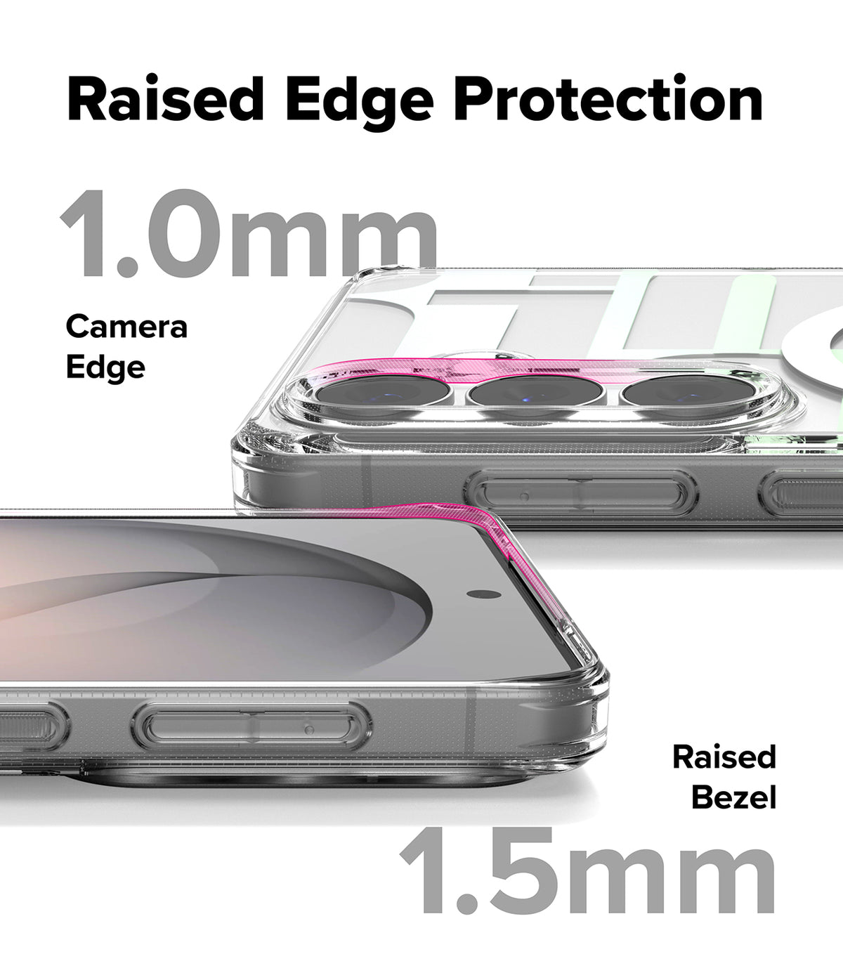 Galaxy S26 Plus Case | Fusion Design Magnetic - Clear phone case showing 1.0mm camera and 1.5mm screen raised edges.