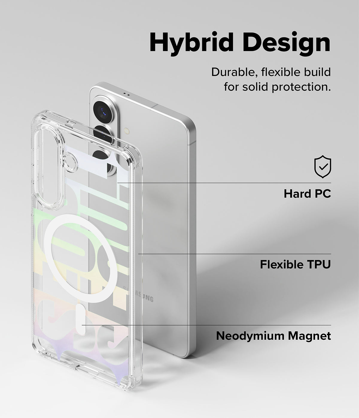 Galaxy S26 Plus Case | Fusion Design Magnetic - Exploded view of a clear phone case showing PC, TPU, and magnet layers.