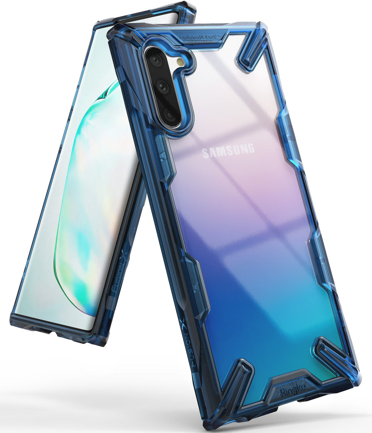 Galaxy Note 10 Case | Fusion-X - Blue rugged transparent phone case showing front and back of a gradient Samsung Galaxy Note 10.