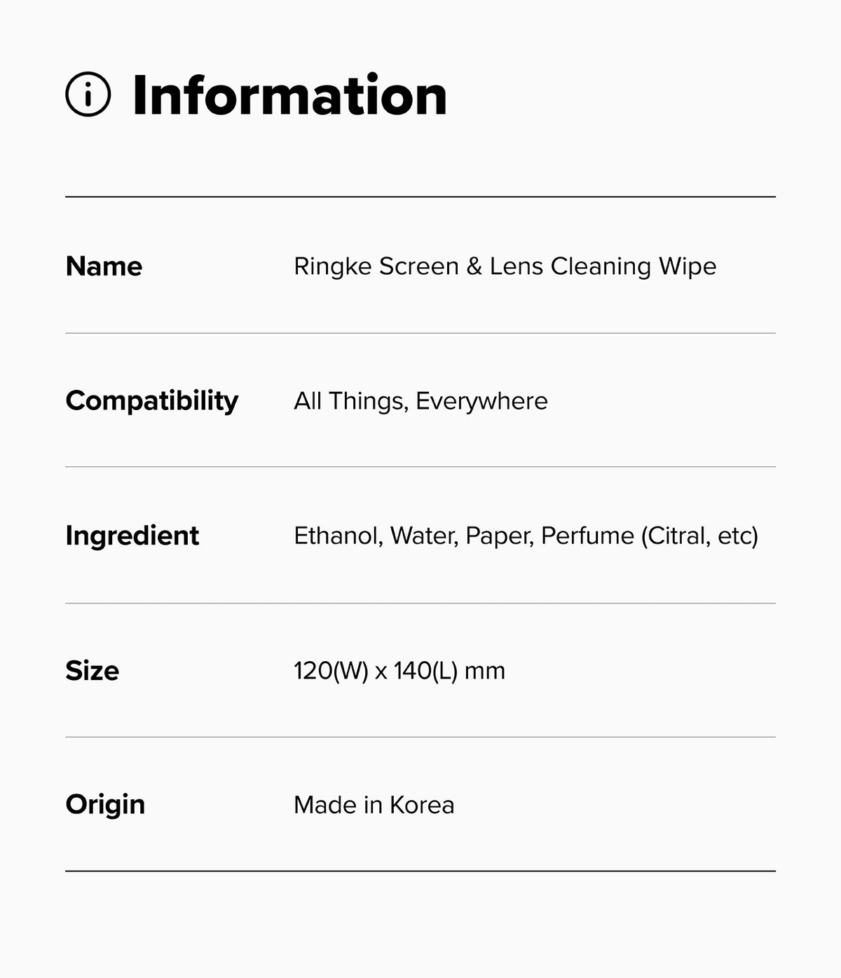 Screen and Lens Cleaning Wipes - Information table listing product name, compatibility, ingredients, size, and origin.