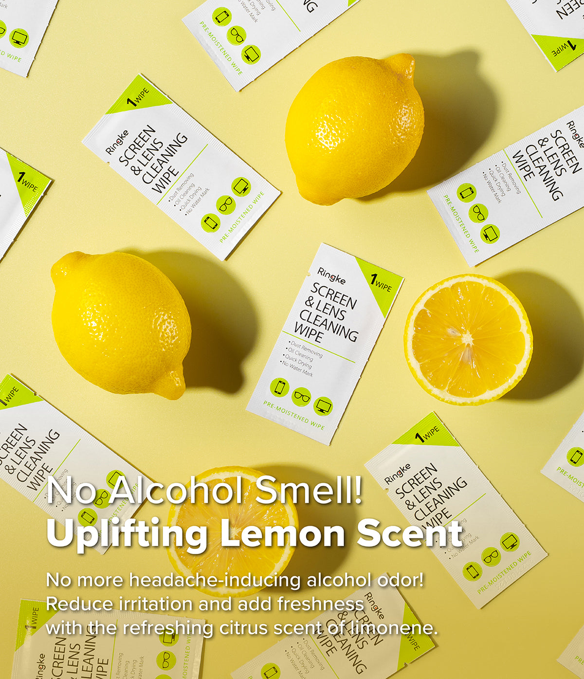 Screen and Lens Cleaning Wipes - Scattered cleaning wipe packets and fresh lemons on a bright yellow background.