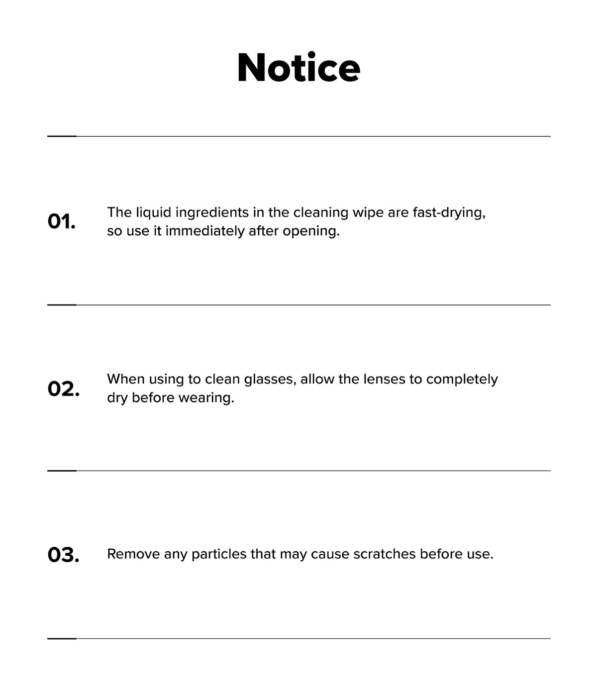 Screen and Lens Cleaning Wipes - A notice listing three numbered instructions for using cleaning wipes safely and effectively.