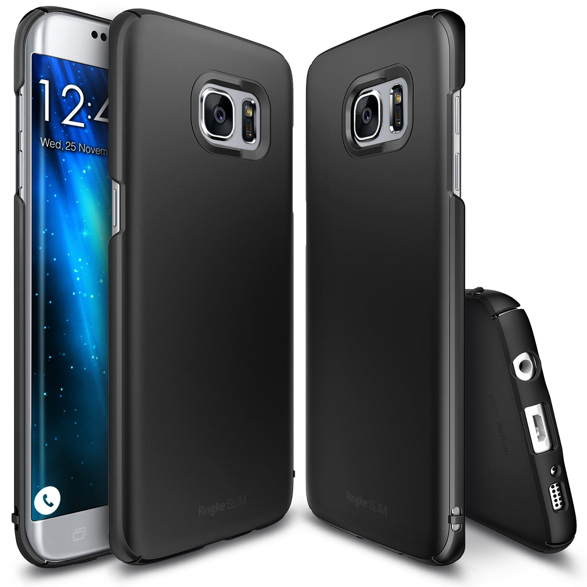 Galaxy S7 Edge Case | Slim - Matte black slim phone case shown from front, back, and bottom angles on a Galaxy S7 Edge.