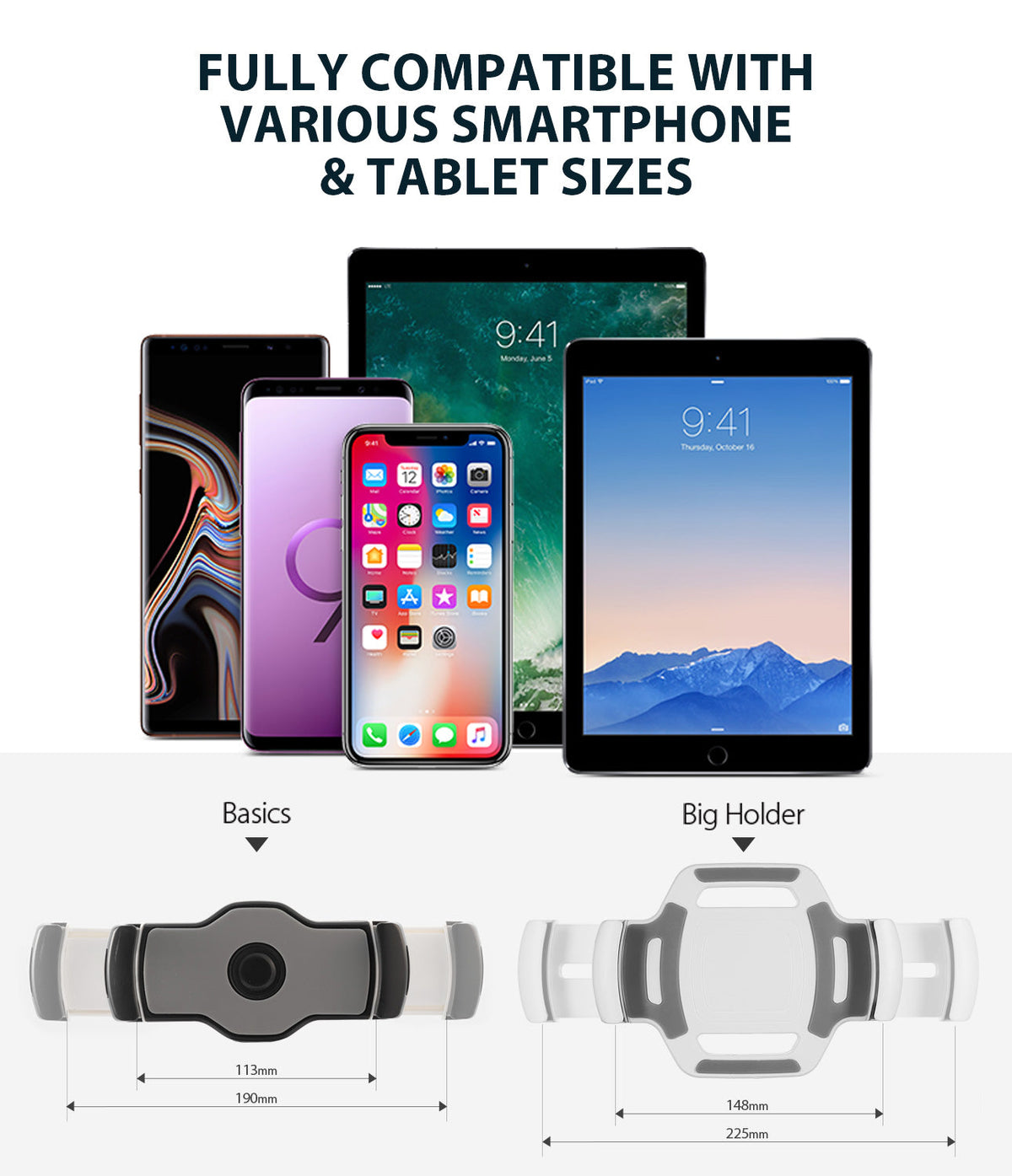 Iron Tablet Stand - Smartphones and tablets arranged above two adjustable device holders with labeled width measurements.
