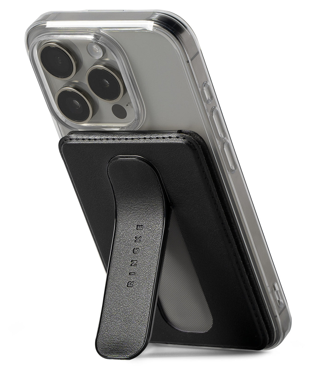 Card Holder | Slide Grip Wallet Magnetic - Black magnetic wallet with a built-in kickstand attached to a clear phone case.