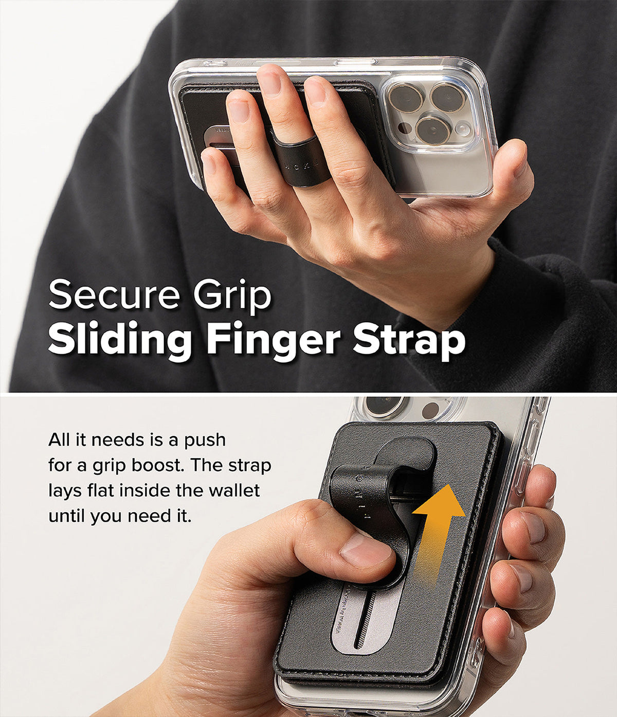 Card Holder | Slide Grip Wallet Magnetic - Hand holding a phone with a black magnetic wallet featuring a sliding finger strap.