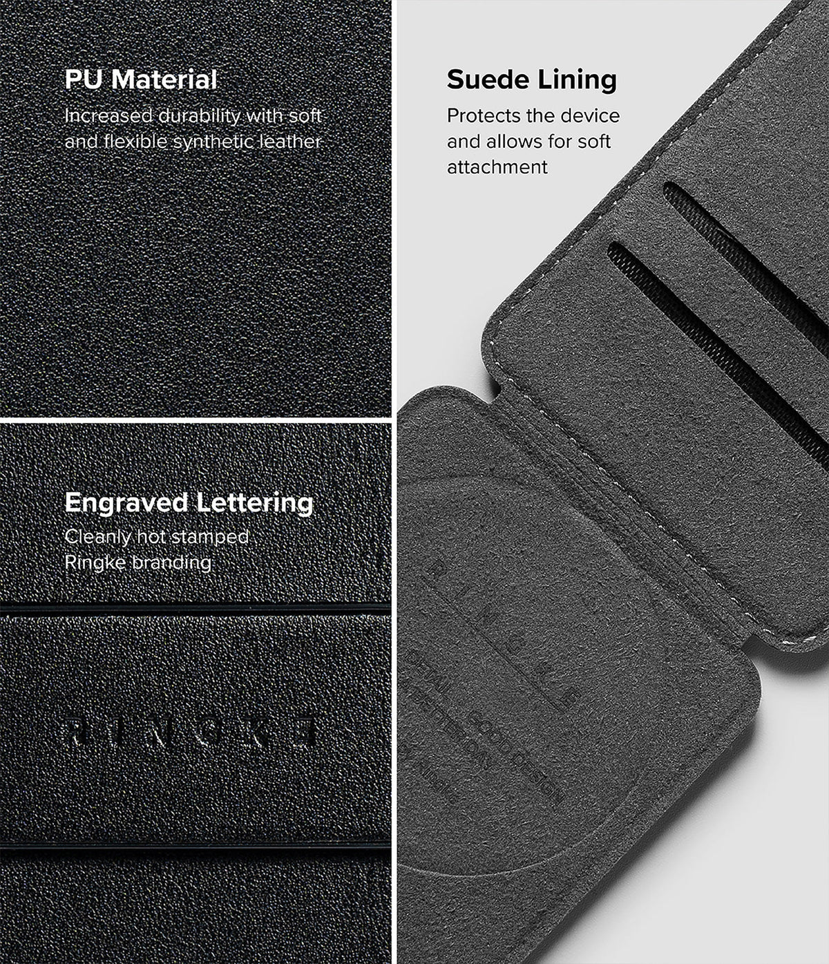 Card Holder | Slide Grip Wallet Magnetic - Close-up of black PU leather, suede lining, and engraved Ringke branding.