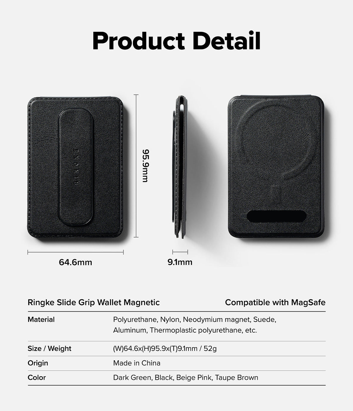 Card Holder | Slide Grip Wallet Magnetic - Three views of a black magnetic wallet with dimensions and specifications.