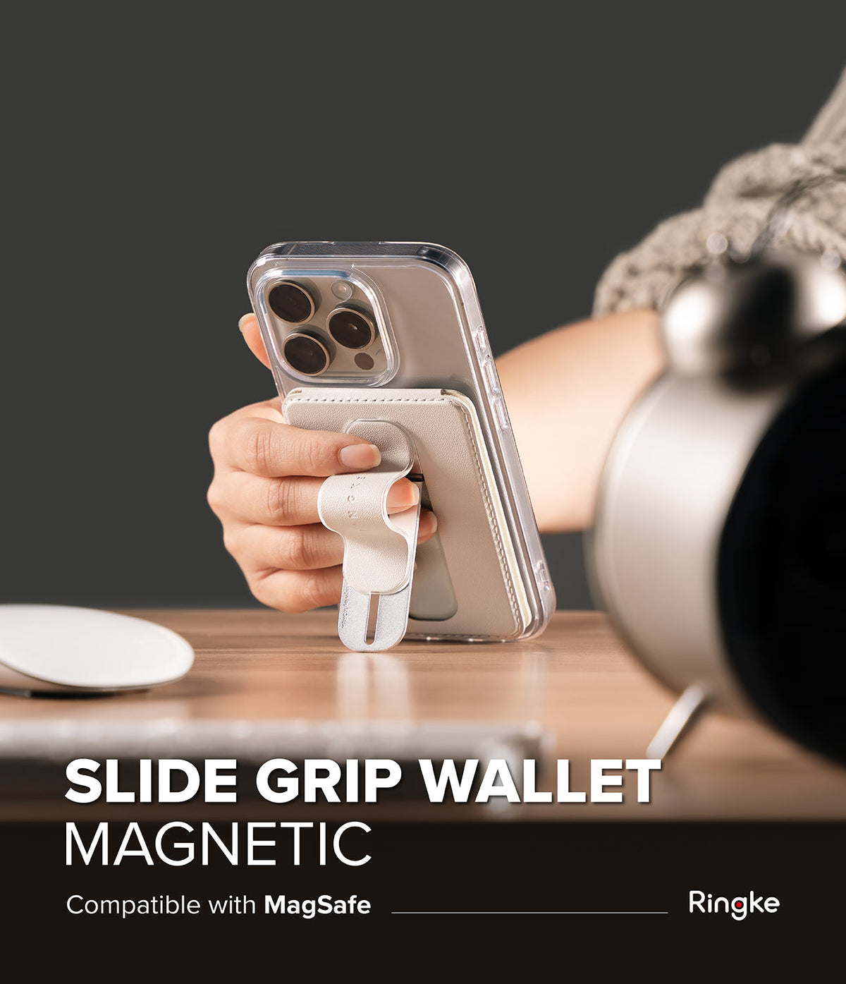 Card Holder | Slide Grip Wallet Magnetic - Hand holding a smartphone with a white magnetic slide grip wallet attached.