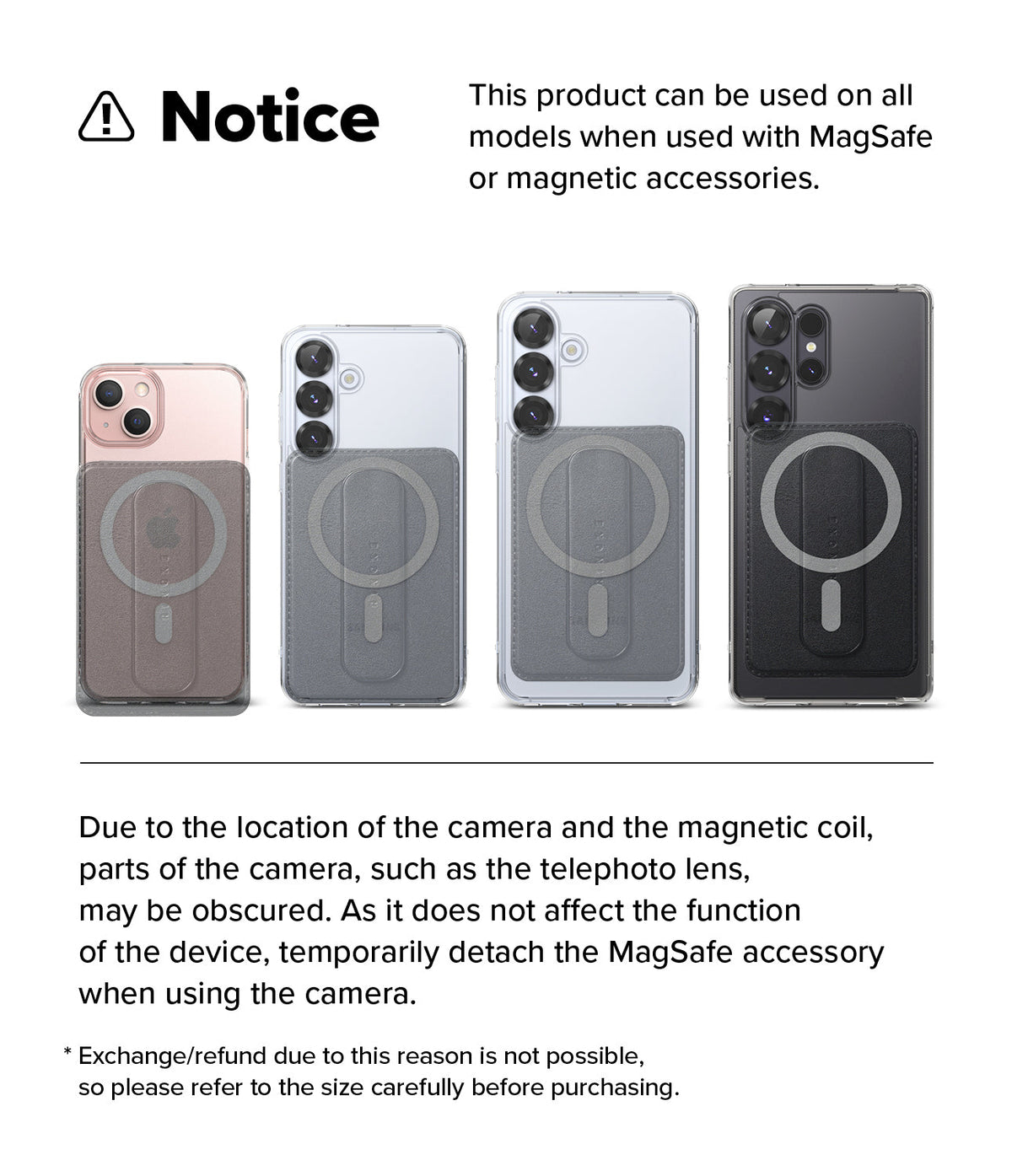 Card Holder | Slide Grip Wallet Magnetic - Card Holder - Four phones with magnetic slide grip wallets attached, showing compatibility and potential camera obstruction.