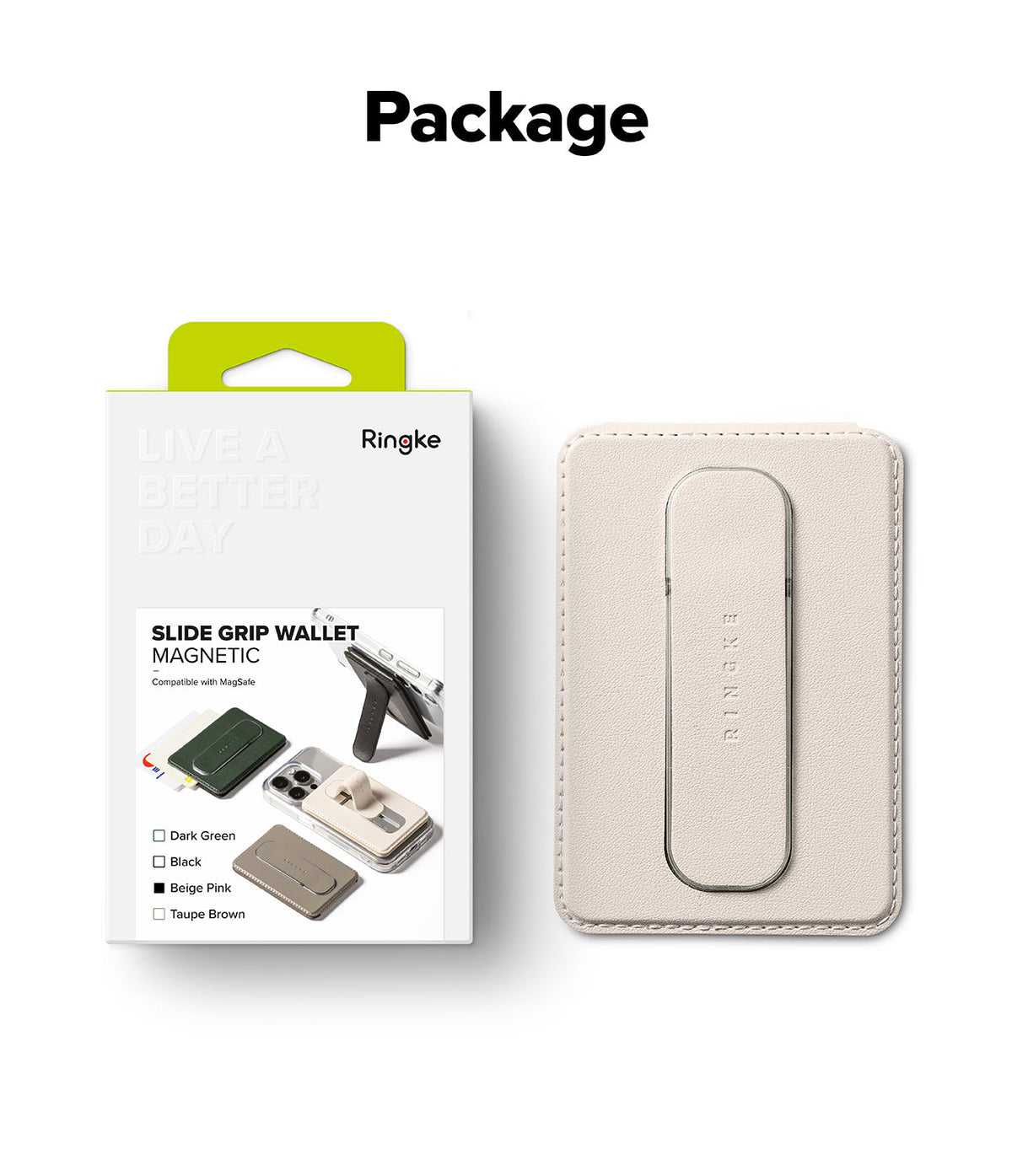 Card Holder | Slide Grip Wallet Magnetic - Beige Pink magnetic wallet with integrated slide grip next to retail box.