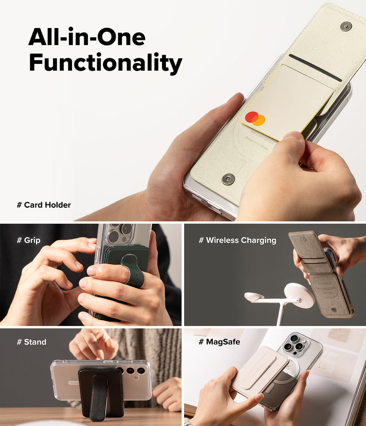 Card Holder | Slide Grip Wallet Magnetic - Collage showing wallet as card holder, phone grip, stand, and MagSafe accessory.