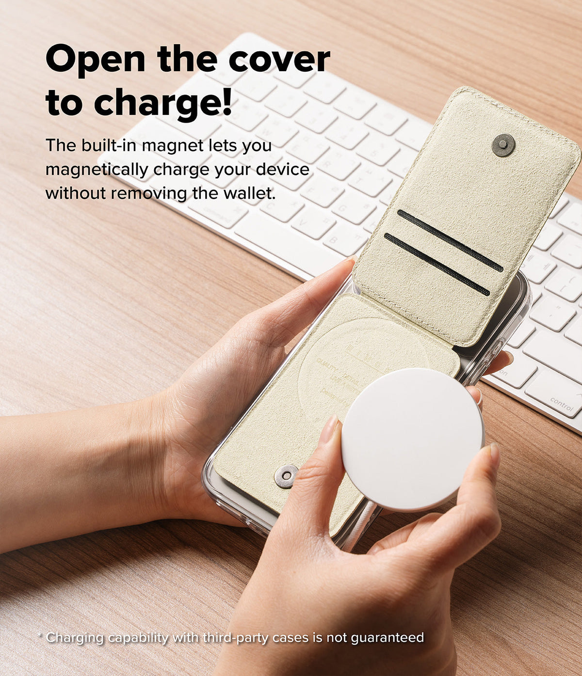 Card Holder | Slide Grip Wallet Magnetic - Hands holding a phone with an open magnetic wallet while attaching a charger.