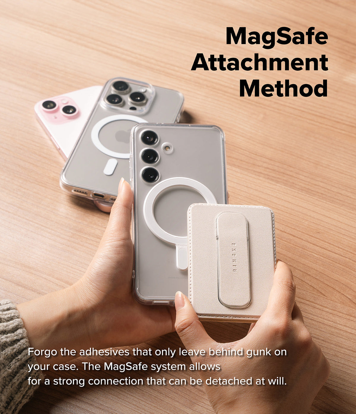 Card Holder | Slide Grip Wallet Magnetic - Hands attaching a beige magnetic card holder to a clear phone case.