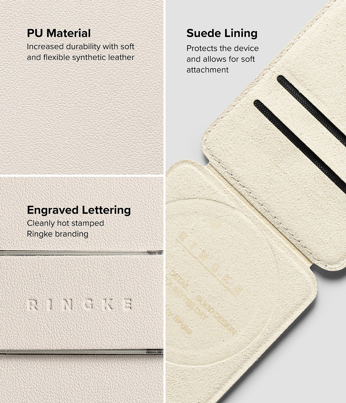 Card Holder | Slide Grip Wallet Magnetic - Close-up views of beige PU leather, suede lining, and Ringke branding.