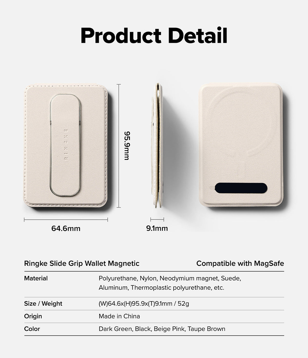 Card Holder | Slide Grip Wallet Magnetic - Technical diagram showing dimensions and features of a beige magnetic wallet.