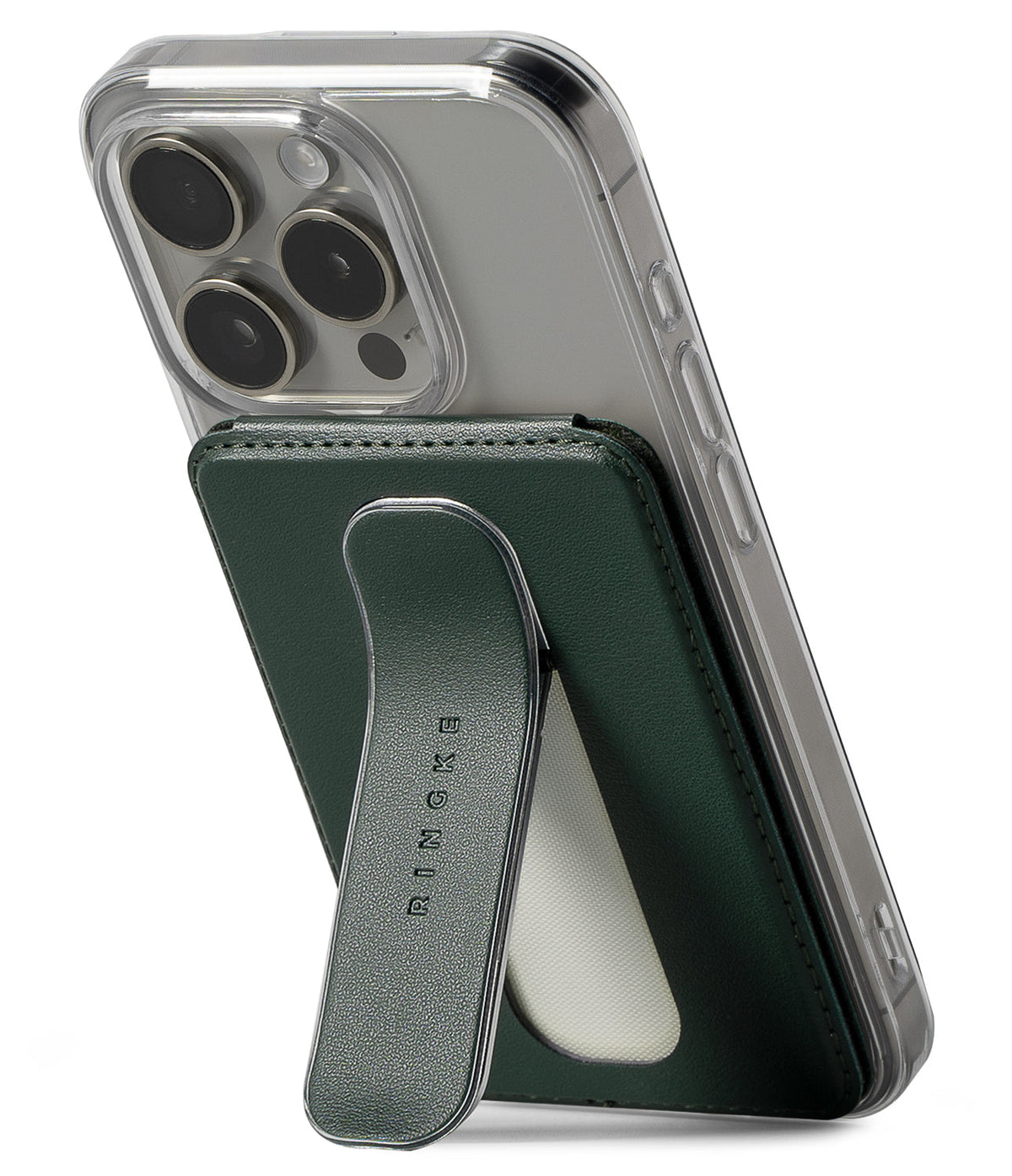 Card Holder | Slide Grip Wallet Magnetic - Dark green magnetic phone wallet with a built-in kickstand attached to a phone.
