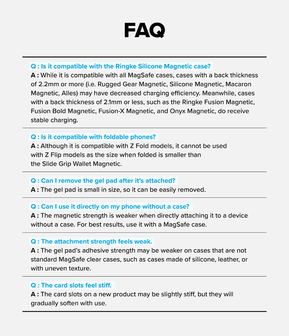 Card Holder | Slide Grip Wallet Magnetic - FAQ text listing compatibility, usage, and maintenance tips for the wallet.