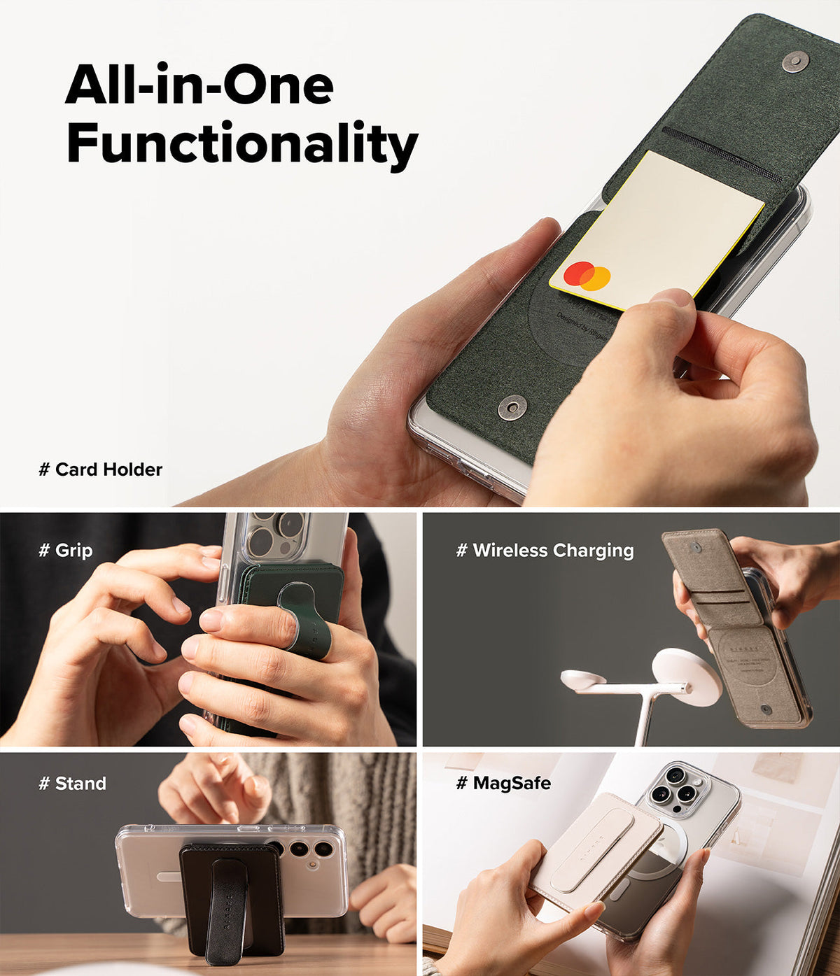 Card Holder | Slide Grip Wallet Magnetic - Collage showing wallet features: card storage, finger grip, stand, and MagSafe.