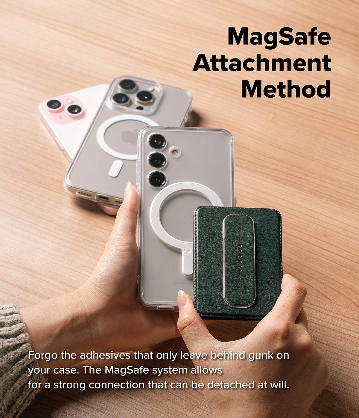 Card Holder | Slide Grip Wallet Magnetic - Hands attaching a green magnetic wallet to a clear phone case.