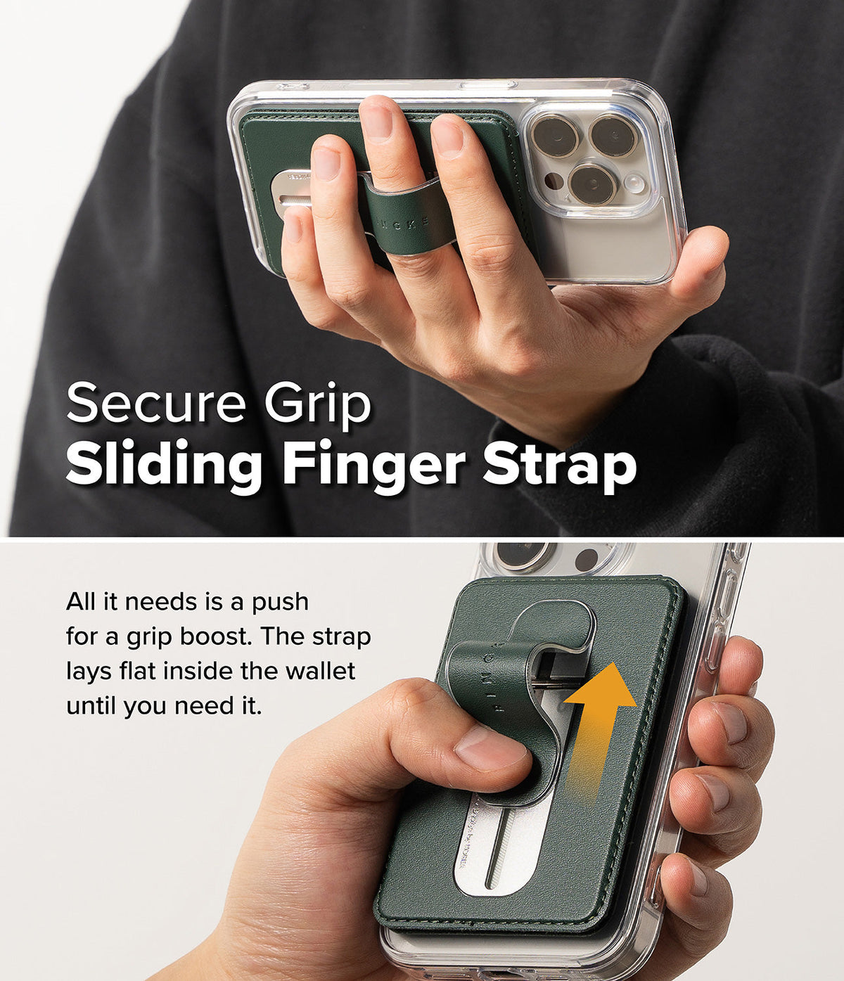 Card Holder | Slide Grip Wallet Magnetic - Hand holding a phone with a green magnetic wallet featuring a sliding finger strap.