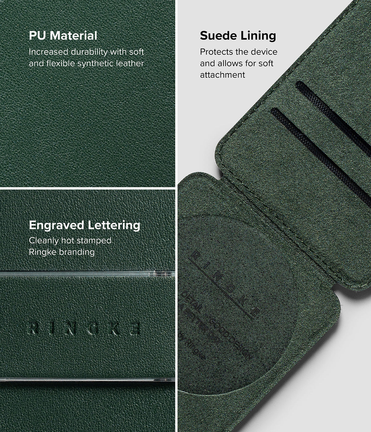 Card Holder | Slide Grip Wallet Magnetic - Close-up of green PU leather, suede lining, and hot-stamped Ringke branding.